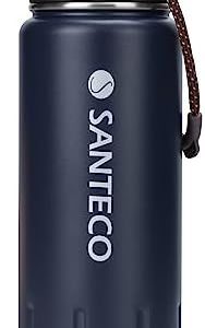 Insulated Water Bottles 24 oz, Santeco Stainless Steel Bottle with Lanyard & Wide Mouth Spout Lid, Leak Proof, Double Wall Vacuum Water Bottle, Keep Drinks Hot & Cold for Hiking Camping