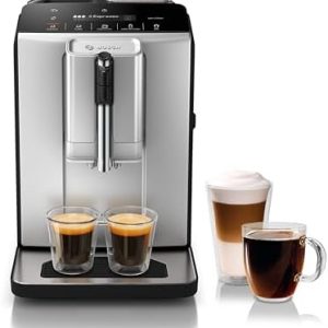 Bosch TIU20307 300 Series Fully Automatic Espresso Machine with Milk Express (in-cup frother), LCD + Touch Control Panel, OneTouch Milk-based Beverages and 5 Beverage Options, in Silver