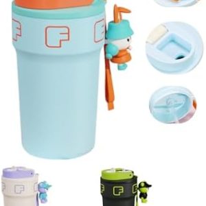 18.6oz Coffee Mug With Lid Insulated With Straw Vacuum Stainless Water Bottle Cup Cute And Interesting With Rope Doll 550ml Sus316 Black White Pink Blue (Blue)