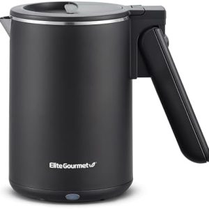 Elite Gourmet EKT719 Dual Volt 120-230V, Travel Double Wall Insulated Cool-Touch, 0.6L Electric Kettle, Stainless Steel Interior, Hinged-Locking Lid, Retractable Handle, Auto Shut-Off, Boil Dry, Black