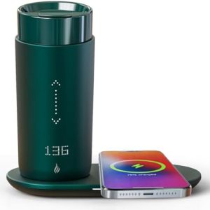 Temperature Control Heated Coffee Mug Smart Self Heating Travel Mug 12 Oz App Controlled Warmer Mug 4-10 Hour LED Display Keep Coffee Hot All Day Fast Wireless Charger Base Jade Green
