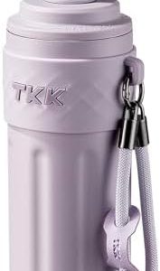 TKK 17 oz Insulated Bottles with Straw, Stainless Steel Travel Coffee Mug with Ceramic Coating, Leak Proof Double Walled Iced Water Bottle with Carry Strap for Hot & Cold Drinks, Purple