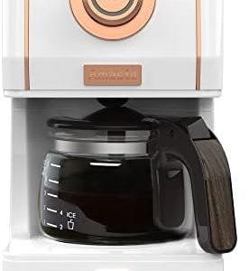 Amaste Retro Style Coffee Machine with 25 Oz Glass Coffee Pot, Reusable Coffee Filter & Three Brewing Modes, 30minute-warm-keeping, Elegant White with Rose Gold
