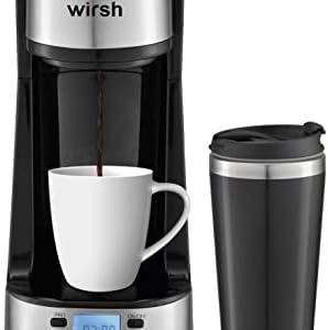 wirsh Single Serve Coffee Maker- Small Coffee Maker with Programmable Timer and LCD display, Single Cup Coffee Maker with 14 oz.Travel Mug and Reusable Coffee Filter,NON-POD Coffee Maker,Black