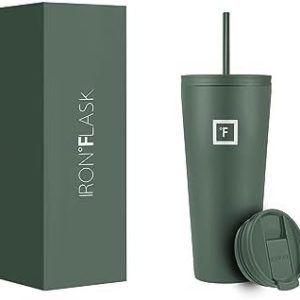 IRON °FLASK Classic Tumbler 2.0-2 Lids (Straw Flip), Vacuum Insulated Stainless Steel Water Bottle, Double Walled, Drinking cup, Thermos Travel Mug - Sage, 32 Oz