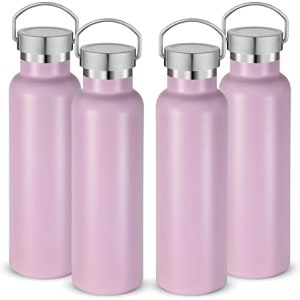 Neihepal 20 oz Insulated Water Bottles Bulk 4 Pack,Stainless Steel Double Wall Sport Bottle with Lid of Handle,Metal Reusable Thermoses Flask with Cup Cap for School,Hikers,Gift (Pink,Set of 4)