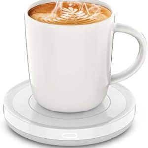 BESTINNKITS Smart Coffee Set Auto On/Off Gravity-Induction Mug Office Desk Use, Candle Wax Cup Warmer Heating Plate (Up to 131F/55C), 14oz (White Set)