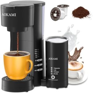Single Serve Coffee Maker for K Cup & Ground Coffee with Milk Frother, 6 to 14 Oz Brew Sizes, Auto-Off Coffee Machine with Water Reservoir
