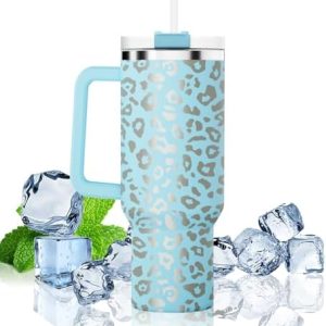 40 oz Tumbler with Handle and Straw with lid Leopard Stainless Steel Thermos Mug Coffee Cup Outdoor Sports Travel Sippy Mug Gift 1st (Blue)