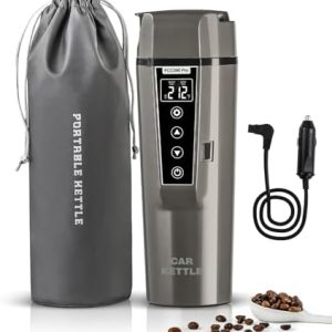 Portable Electric Car Kettle: 12V/24V Kettle Mini Water Boiler for Car Heated Travel Mug,Smart Precision Temperature Adjustment Coffee Tea Truck Cup with Handy Kettle Bag (Taupe, 400ML)