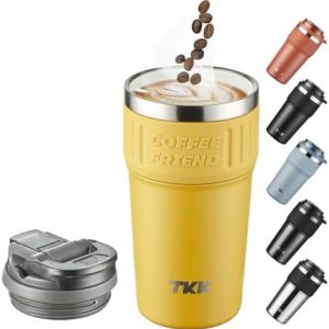 TKK Insulated Coffee Thermos with Ceramic Coating, 21oz Iced Coffee Tumbler Cup with Straw Lid Double Wall Vacuum Leak Proof Travel Mug with Strap for Hot and Iced Beverage, Yellow