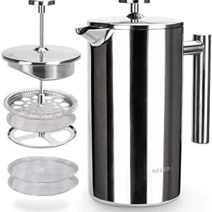 Secura French Press Coffee Maker, 304 Grade Stainless Steel Insulated Coffee Press with 2 Extra Screens, 34oz (1 Litre), Silver