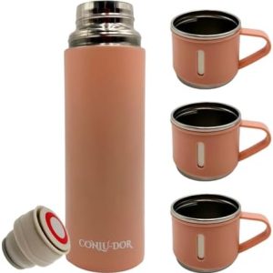 Double Wall Stainless Steel Vacuum Flask Thermos Water Bottle, Coffee Bottle, Tea Thermos, Insulated for Hot and Cold Drinks 500ml with Handle and Three Cups Gift Set (Pink)