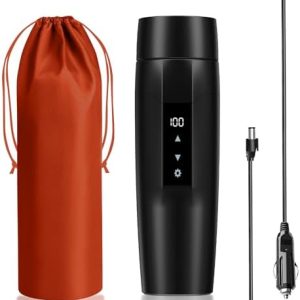 12V Car Electric Coffee/Tea Cup, Portable Water Boiler, Mini Heated Travel Mug,40~100℃ Temperature Adjustable Kettle,304 Stainless Steel,Dry Burn Protection & Velvet Bag
