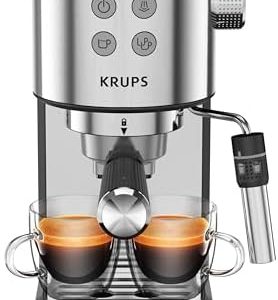 KRUPS: Divine Stainless Steel Espresso Machine with Tamper 2 cups at once, Cup Warmer, Espresso Machine with Milk Frother, Easy to Eject Grounds, 1350 Watts, Cappuccino, Latte, Americano, Silver