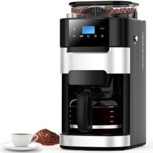 Joy Pebble 10-Cup Drip Coffee Maker with Grinder, Touch-Screen Drip Coffee Machine with Programmable Brew,8 Adjustable Grinding Settings, Washable Basket Filter, Keep Warm Plate, 50.7oz Water Tank