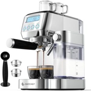 amzchef Espresso Machine with LCD Display, 20 Bar Cappuccino Machines with Automatic Milk Frother for Home Gifts, Latte Coffee Maker with Dual Wall & ESE Filters, Stainless Steel Style