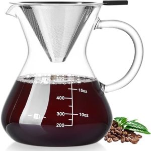 Unbreakable Pour Over Coffee Maker with Double Stainless Filter 5 Cup, Thickened Heat-Resistant Borosilicate Glass Dripper Coffee Pour Over, Stovetop Safe