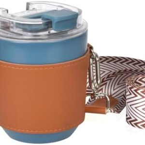 Travel coffee cup 10 ounces (about 230 grams), with crossbody cup sleeve, double vacuum stainless steel coffee thermos cup, easy to carry(Peacock Blue)