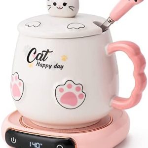 Bgbg Coffee Mug Warmer & Cute Cat Mug Set, Beverage Cup Warmer for Desk Home Office with Three Temperature Up to 140℉/ 60℃, Coffee Warmer for Cocoa Milk Tea Water Candle, 8 Hours Auto Shut Off
