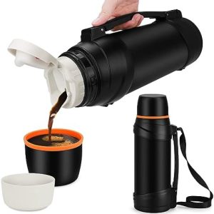 Beyoung 2000ML Large Coffee Thermoses for Cold & Hot, Portable 304 Stainless Steel Classic Vacuum Bottle with Plastic Cup and Hidden Strap for Sports Hiking Fishing (Black)