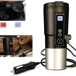 GEEZO Smart Temperature Control Travel Coffee Mug Electric Heated Travel Mug Stainless Steel Tumbler Smart Heating Car Cup Keep Milk Warm LCD Display Easily Washing Safe for use (12V Black 01)