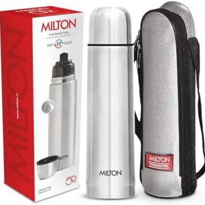 Milton Thermosteel Flip Lid 1000, Double Walled Vacuum Insulated Thermos 1000 ml | 34 oz | 1 Ltr | 24 Hours Hot and Cold Water Bottle with Cover, Stainless Steel, BPA Free,Leak Proof | Silver