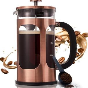 BAYKA 34 Ounce 1 Liter French Press Coffee Maker, Heat Resistant Thickened Borosilicate Glass Stainless Steel Coffee Press, Cold Brew Coffee Pot Tea Press for Kitchen Travel Camping, Copper