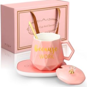 Hushee Lady Coffee Mug Warmer for Women 13.5 Oz Cup Warmer with Mug Set Electric Tea Water Warmer Appreciation Cup Heater with Lid Spoon and Coaster for Desk Office Home Birthday Gifts (Pink)
