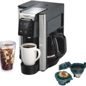Hamilton Beach FlexBrew 5-in-1 12 Cup Drip and Single Serve Hot & Iced Coffee Maker with Movable 60 oz. Water Reservoir, Use Pod Packs and Grounds, Fast Brewing, LED Touchscreen, Black (49924)