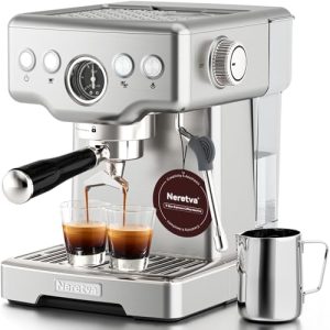 Neretva Espresso Machine 15 Bar, 2 in 1 Professional Coffee and Espresso Maker Combo 1450W Stainless Steel Espresso Coffee Machine for Home Barista Espresso Latte Macchiato and Cappuccino Maker-Silver