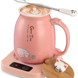 Coffee Cup Warmer with Cat Mug for Women Ceramic Cat Mug Electric Coffee Mug Heater Cute Cat Smart Tea Beverage Cup Warmer for Cat Lovers Christmas New Year Birthday Gift (Pink)