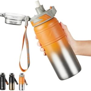 TKK 24 oz Insulated Water Bottle with Straw, Leak Proof Stainless Steel Double Wall Vacuum Thermos with Strap, Reusable Metal Sports Water Bottle for Hot & Cold Drinks, Dishwasher Safe, Orange