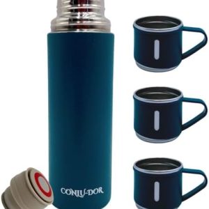 Double Wall Stainless Steel Vacuum Flask Thermos Water Bottle, Coffee Bottle, Tea Thermos, Insulated for Hot and Cold Drinks 500ml with Handle and Three Cups Gift Set (Blue)