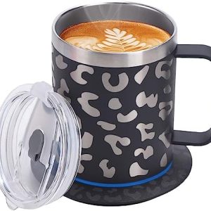 Heated Coffee Mug with Double-Layer 304 Stainless Steel,USB Powered Mug Warmer,131℉ Self Heating Mug for Desk,Coffee Gifts (Black & Leopard Print)