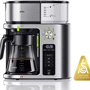 Braun MultiServe Coffee Machine 7 Programmable Brew Sizes / 3 Strengths + Iced Coffee & Hot Water for Tea, Glass Carafe (10-Cup), Stainless Steel, KF9170SI