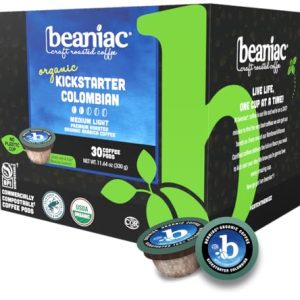 beaniac Organic Kickstarter Colombian, Medium Light Roast, Single Serve Compostable K Cup Coffee Pods, Organic Arabica Coffee, Keurig Brewer Compatible, 30 Count