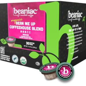 beaniac Organic Bean Me Up Coffeehouse Blend, Medium Roast, Single Serve Compostable K Cup Coffee Pods, Organic Arabica Coffee, Keurig Brewer Compatible, 30 Count