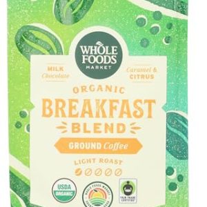 Whole Foods Market, Organic Breakfast Blend Ground Coffee, Light Roast, Milk Chocolate, Caramel & Citrus, 12 Ounce