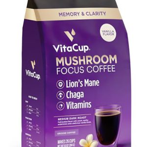 VitaCup Focus Mushroom Coffee Grounds, Vanilla Flavored Coffee with Lions Mane, Chaga, B Vitamins, D3, Boost Focus, Immunity, Memory & Clarity, Medium Dark Roast, 100% Arabica Specialty, 10oz
