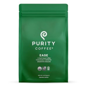 Purity Coffee EASE Dark Roast Ground Coffee for Low Acidity - USDA Organic and Third-Party Tested for Antioxidants, Mold, Mycotoxins and Pesticides - 12oz (Purity Ease, dark_roast) | Ground| EASE