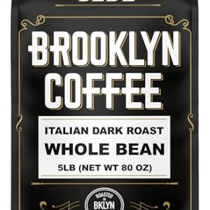 BROOKLYN COFFEE Whole Bean, Italian Dark Roast (5lb) Extra Strong, Delicious Taste, Heavenly Aroma - Fresh Bulk Coffee Beans Roasted Weekly in NYC