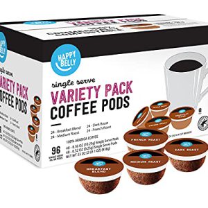 Amazon Brand - Happy Belly Variety Pack Compostable Coffee Pods, Compatible with K-Cup Brewer (Breakfast Blend, Dark/ Medium/ French Roast) 96 count (Pack of 1)