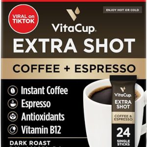 VitaCup Extra Shot Instant Coffee Packets with Espresso Shot, “Red Eye” High Caffeine, Bold Dark Roast w/Vitamin B12, Antioxidants, Premium Instant Coffee in Single Serve Sticks, 24 Ct