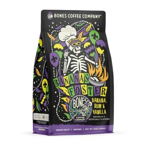 Bones Coffee Company Bananas Foster, Banana, Rum and Vanilla Flavored Coffee, Medium Roast Low Acid Arabica Beans Compatible with Auto drip and French Press Coffee Maker, 12 Oz Ground