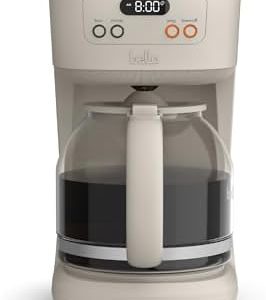 BELLA 12 Cup Programmable Coffee Marker, Reusable Dishwasher Safe Accessories, Easy LCD diaply, Auto Shutoff, 900 watt, Oatmilk