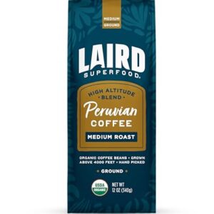 Laird Superfood Peruvian Medium Roast Caffeinated Ground, Ethically Sourced Premium Ground Coffee, Gluten-Free, Dairy-Free, Non-GMO, Paleo, Keto Friendly, 12 oz. Bag